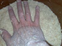 20090201塩･麹・つぶした大豆を混ぜて団子状にしたものを甕に詰めて空気